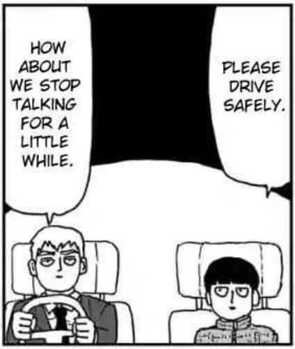 Why Does X Call You Babygirl? — Original Mob Psycho 100 manga panel with Reigen driving and Mob saying 'please drive safely'.