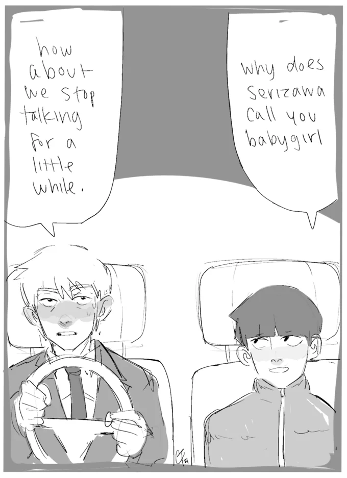 Why Does X Call You Babygirl? — Sketch style redraw of Reigen and Mob in the car with babygirl dialogue.