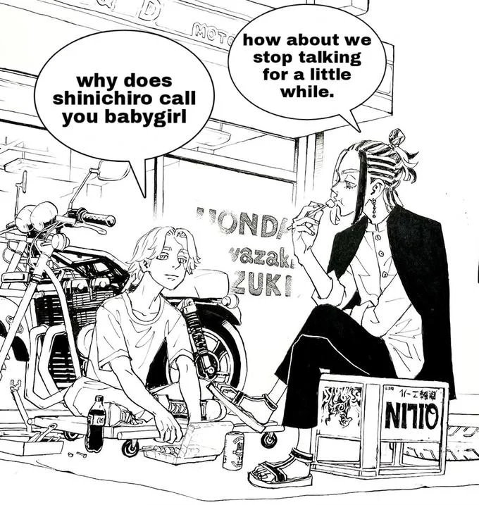 Why Does X Call You Babygirl? — Tokyo Revengers manga style art with Mikey and Draken and babygirl dialogue.