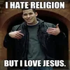 Why I Hate Religion But I Love Jesus — Jefferson Bethke in stone archway with white Impact font 'I Hate Religion' and 'But I Love Jesus'.