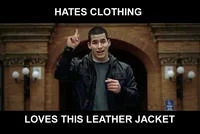 Why I Hate Religion But I Love Jesus — Jefferson Bethke with white Impact font 'Hates Clothing' and 'Loves This Leather Jacket'.