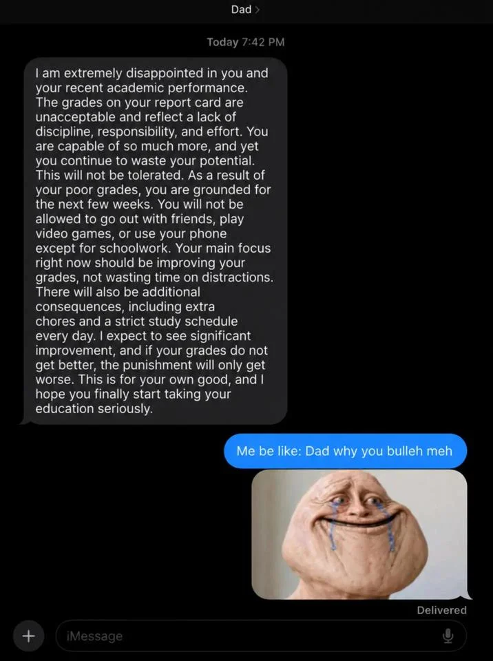 Why You Bulleh Me — Text message screenshot reacting to angry Dad message with bulleh meh meme