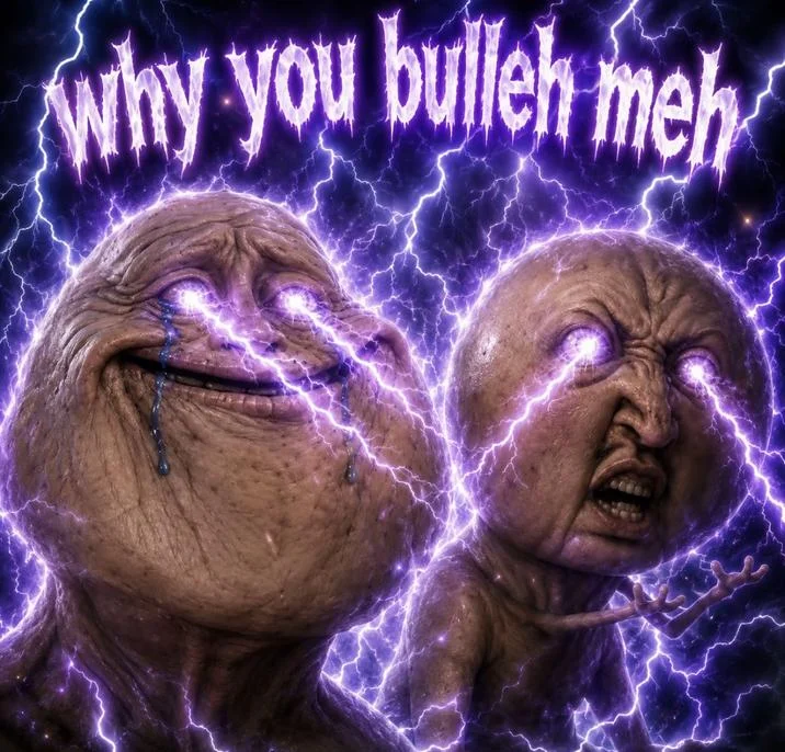Why You Bulleh Meh title card with glowing eyes and purple lightning