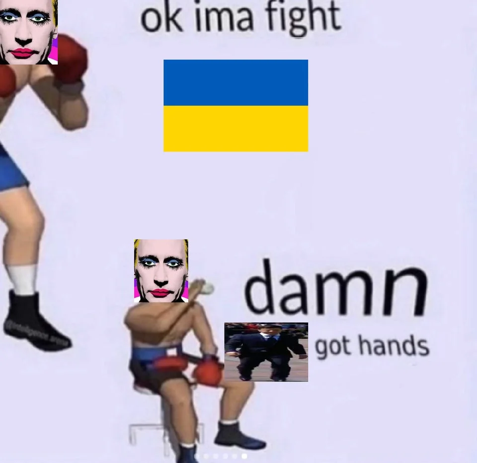 Ok ima fight damn got hands meme with Ukrainian flag, Putin boxer and Wide Zelenskyy