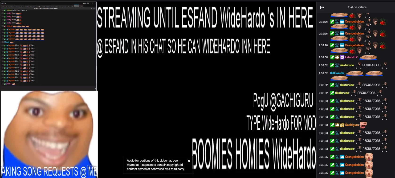 Twitch stream screenshot with WideHardo emote spam in chat and overlay text about streamer Esfand