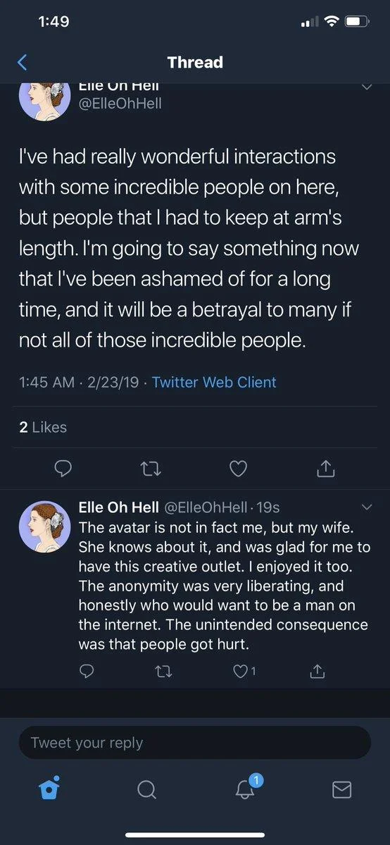 Wife Guys — Elle Oh Hell tweet revealing the avatar is actually his wife