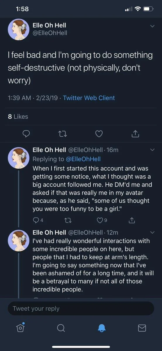 Wife Guys — Twitter thread by Elle Oh Hell announcing a self-destructive confession about her account