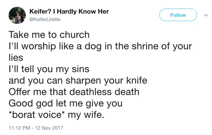 Wife Guys — Tweet from KeiferLirette parodying Hozier lyrics ending with 'borat voice my wife'