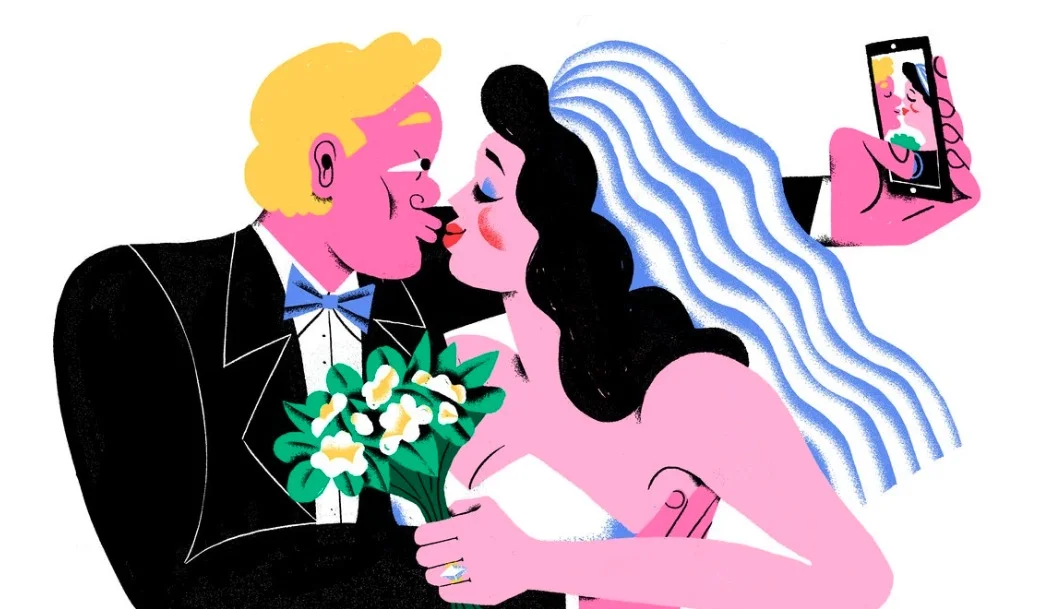 Wife Guys — Illustrated bride and groom kissing while groom takes a selfie on his phone