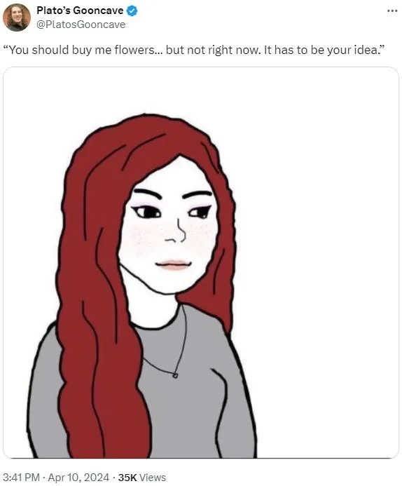 Wifejak meme tweet about wanting flowers but only if it is the husband's own idea.