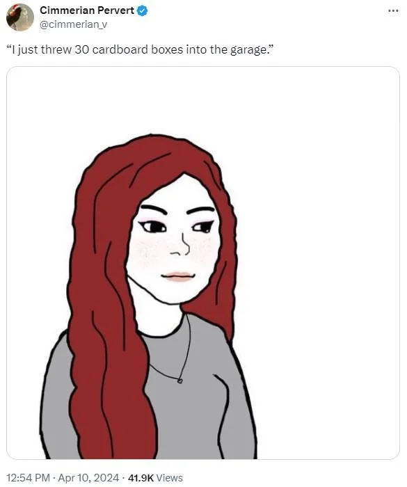 Wifejak meme tweet captioned 'I just threw 30 cardboard boxes into the garage.'