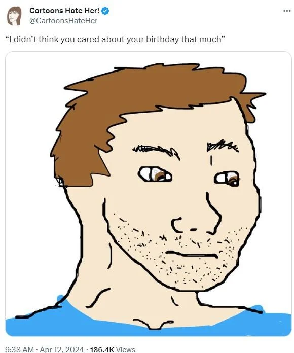 Wifejak — Husbandjak meme image of a disheveled cartoon man with brown hair captioned about forgetting a birthday.