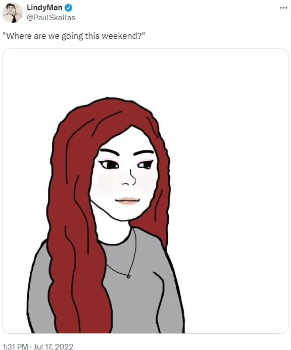 Tweet by LindyMan featuring the Wifejak illustration with caption 'Where are we going this weekend?'