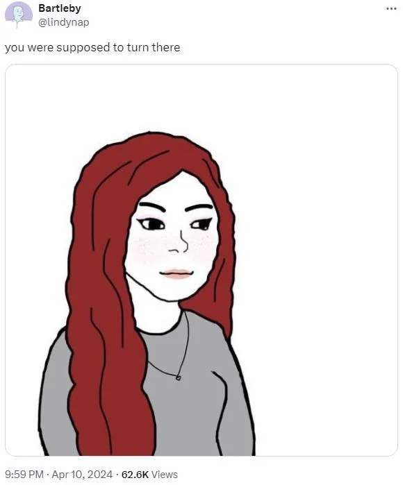 Wifejak meme tweet captioned 'you were supposed to turn there.'