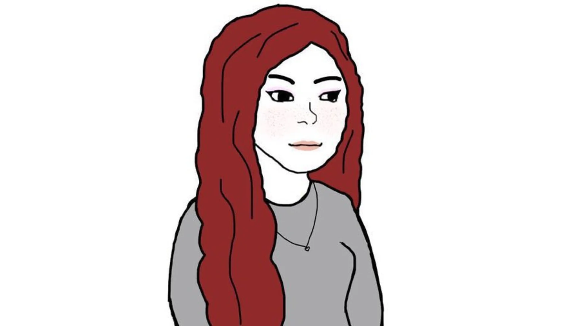 Cartoon illustration of a young woman with long red hair, pink eyeshadow, and a grey sweater, used as the Wifejak meme template.
