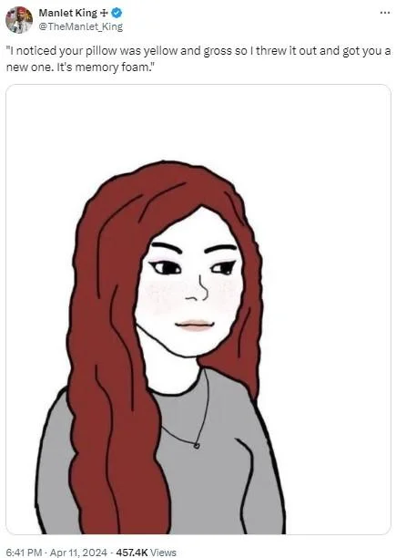 Wifejak meme tweet about a wife throwing out a husband's old pillow and replacing it with memory foam.