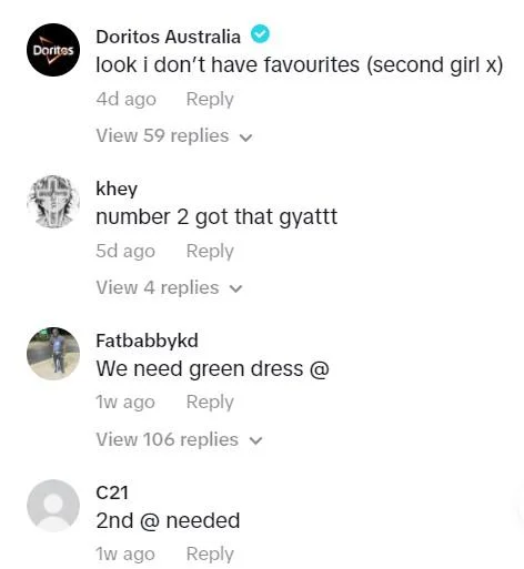 Wild Side — TikTok comments screenshot with Doritos Australia and users requesting green dress girl be tagged.