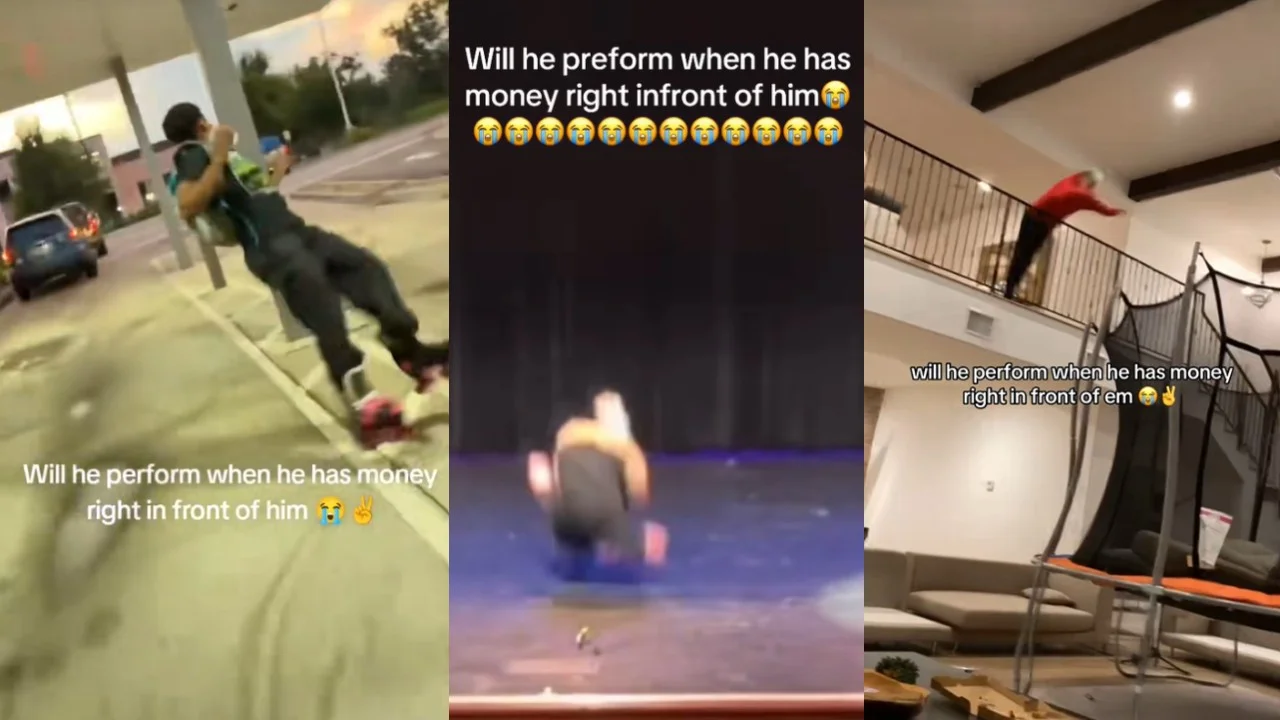Three-panel collage of TikTok clips captioned 'will he perform when he has money right in front of him' showing people failing at stunts.