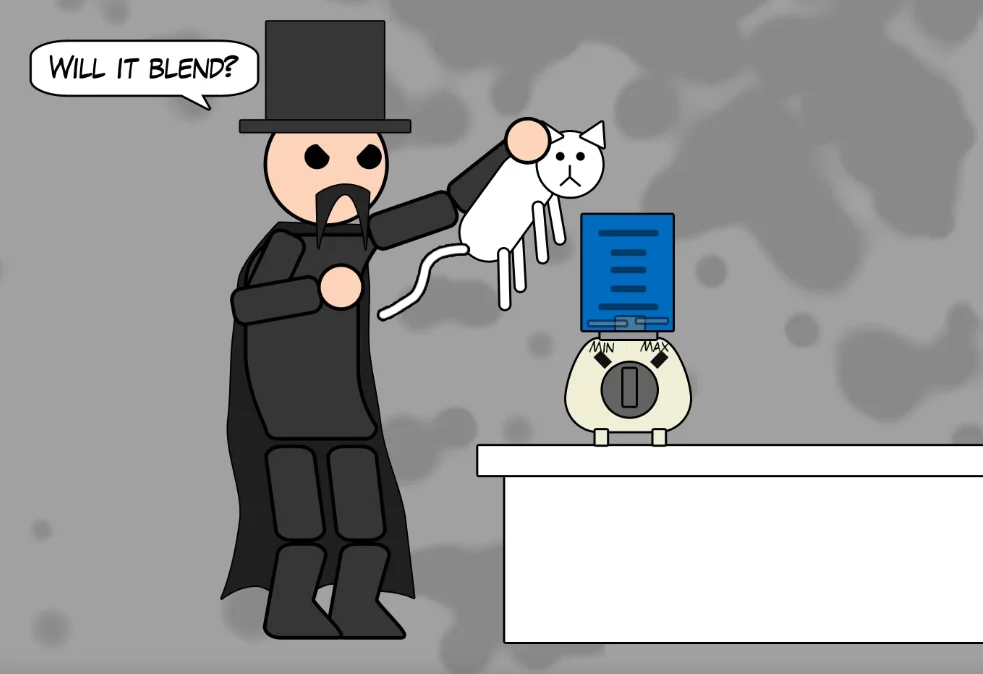 Will It Blend? — Cartoon of caped figure holding cat over a blender asking Will it blend