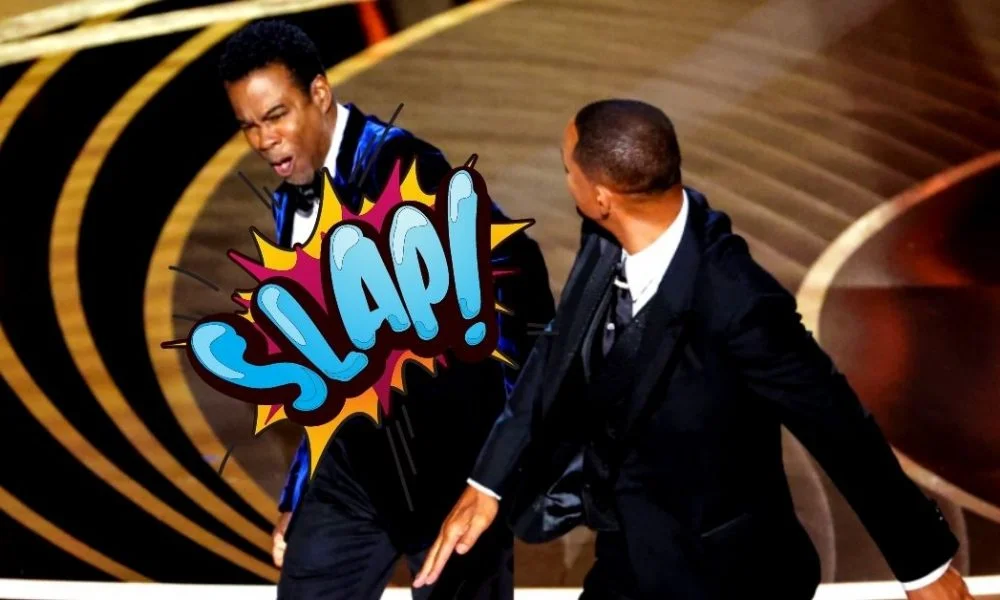 Will Smith slapping Chris Rock at 2022 Oscars with yellow and blue comic book 'SLAP!' effect overlay.