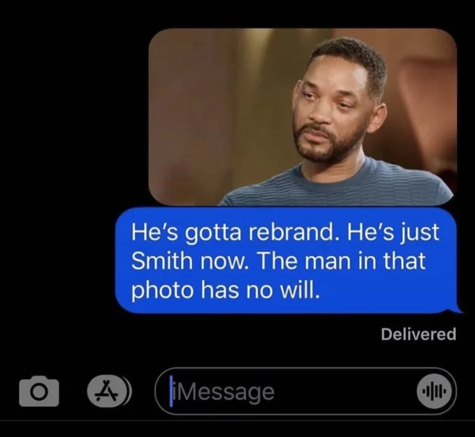 Will Smith Slap — Twitter conversation screenshot showing joke setup followed by old Will Smith tweet reading 'pain'.
