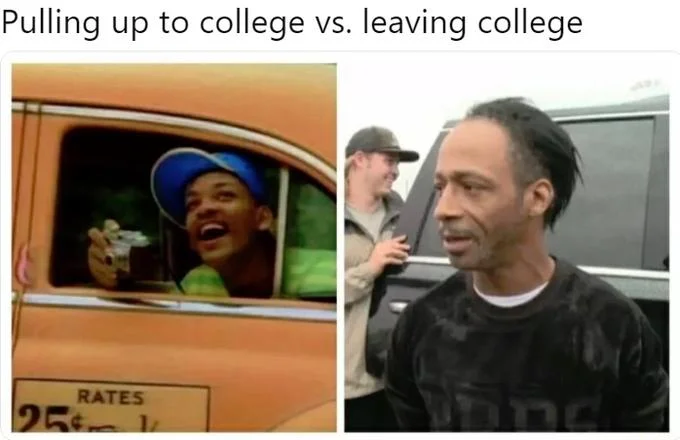 Will Smith With a Camera — Side-by-side meme comparing an excited Will Smith arriving at college with a tired Katt Williams leaving college.