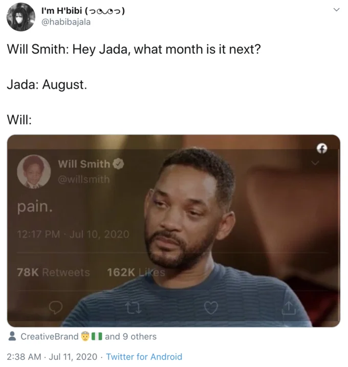 Tweet by @habibajala using Will Smith's 'pain.' photo to react to Jada saying 'August'