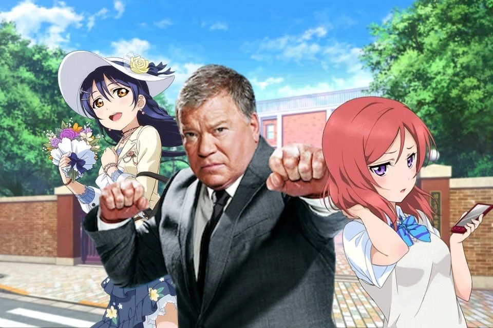 William Shatner photoshopped between two Love Live anime characters in fighting poses