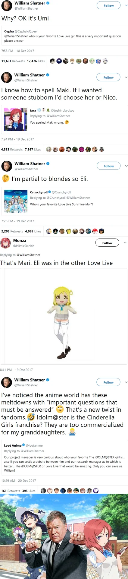 Compiled Twitter thread of William Shatner discussing favorite Love Live anime idols