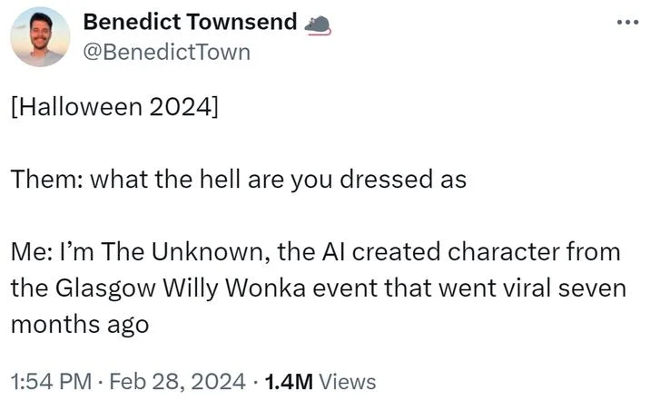 Twitter text post about dressing as The Unknown, the AI character from Glasgow Willy Wonka Experience.