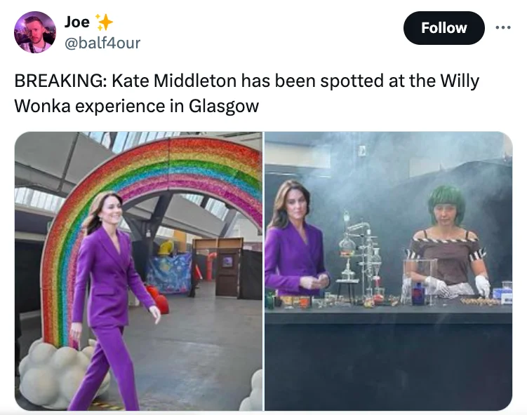 Twitter screenshot documenting Glasgow Willy Wonka Experience with side-by-side photos exposing barren industrial space.