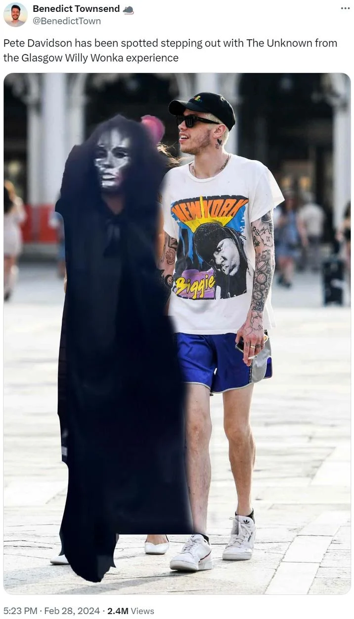 Willy Wonka Experience — Twitter post about Pete Davidson spotted with The Unknown character from Glasgow event.