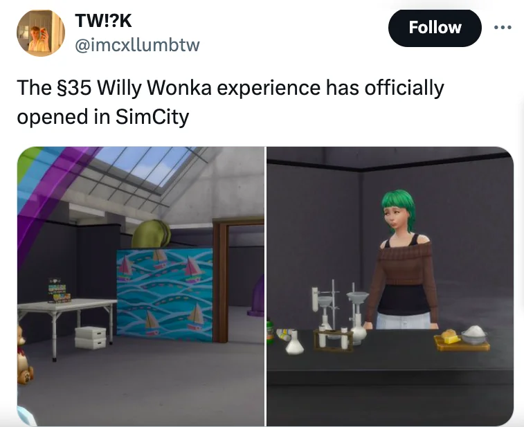 Twitter post comparing $35 Willy Wonka Experience to SimCity with sparse venue images.