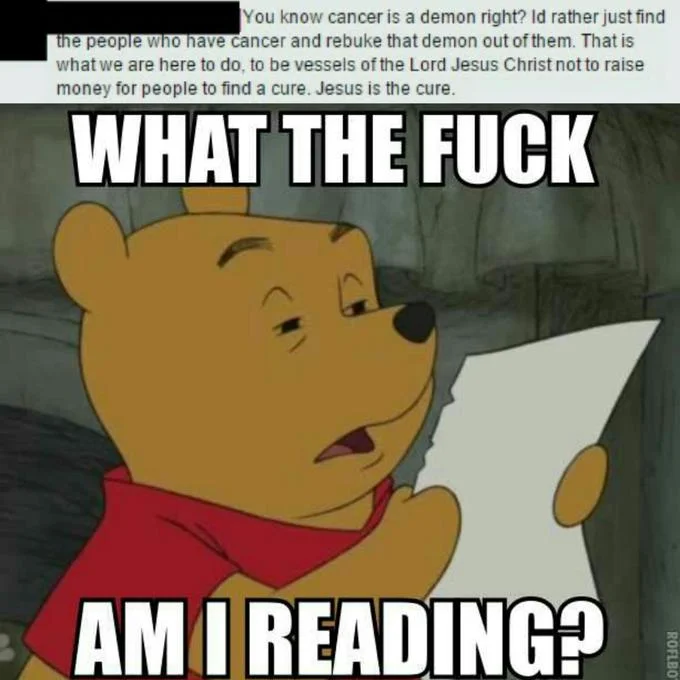 Winnie the Pooh Reading — Winnie the Pooh WTF am I reading meme reacting to a comment calling cancer a demon