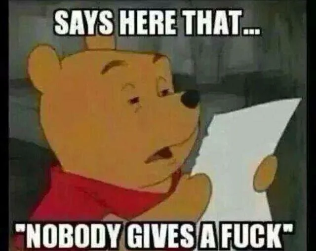 Winnie the Pooh reading meme captioned 'Says here that nobody gives a fuck'