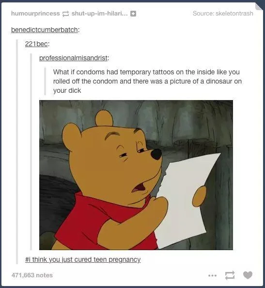 Tumblr thread about dinosaur tattoo condoms with Winnie the Pooh reading reaction image