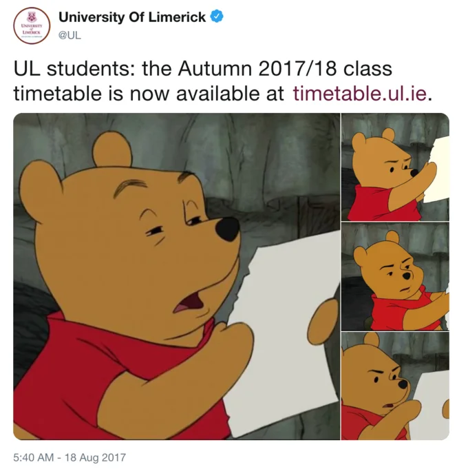 University of Limerick tweet with four-panel Winnie the Pooh reading meme announcing class timetable