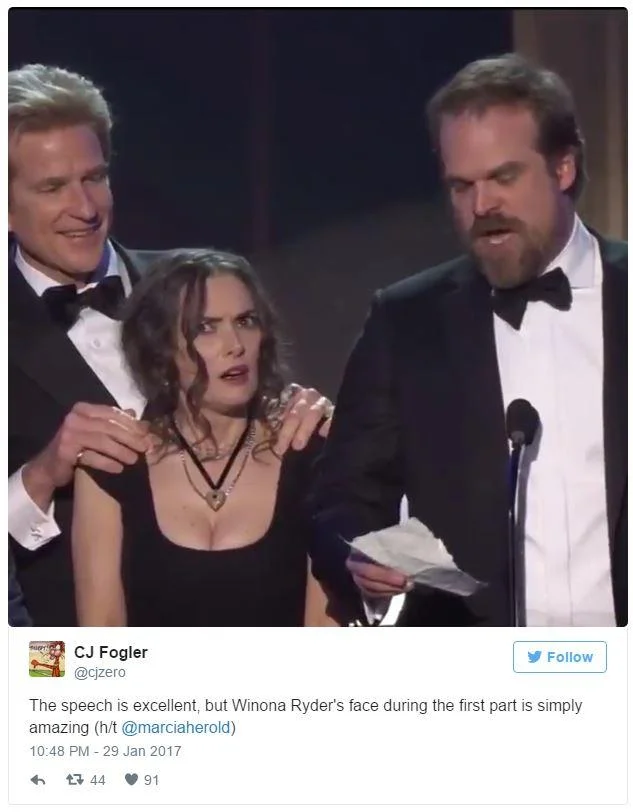 Winona Ryder's SAG Award Reaction — Tweet by CJ Fogler highlighting Winona Ryder's expressions during the SAG Awards acceptance speech.