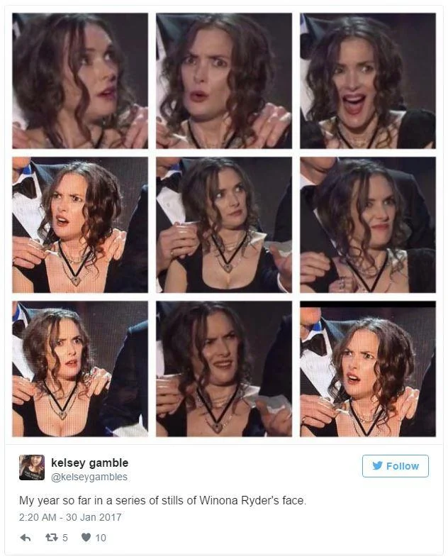 Winona Ryder's SAG Award Reaction — Tweet with a nine-panel grid of Winona Ryder making various dramatic facial expressions at the SAG Awards.