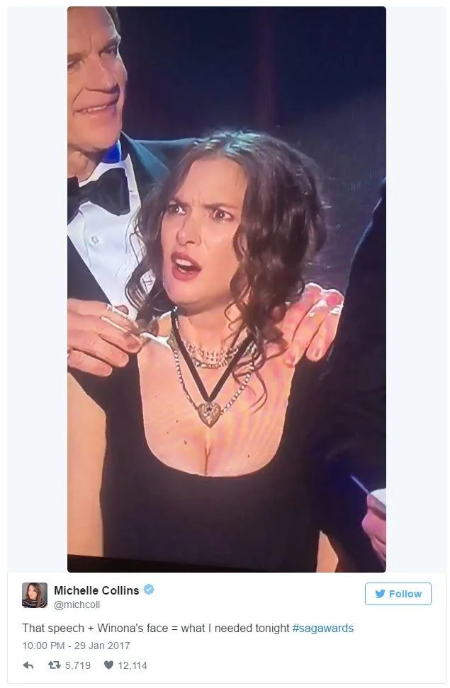 Winona Ryder's SAG Award Reaction — Tweet by Michelle Collins reacting to Winona Ryder's facial expressions during the SAG Awards speech.