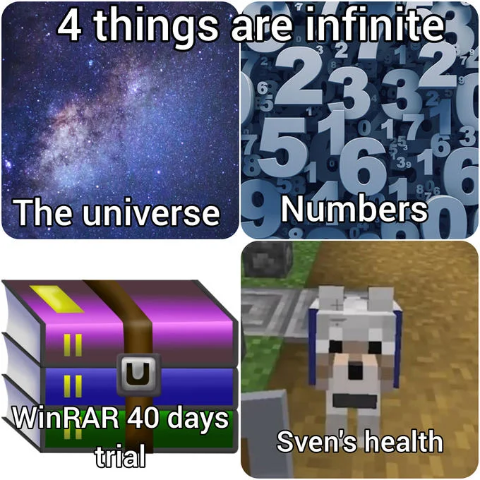 Meme listing four infinite things including the WinRAR 40-day trial