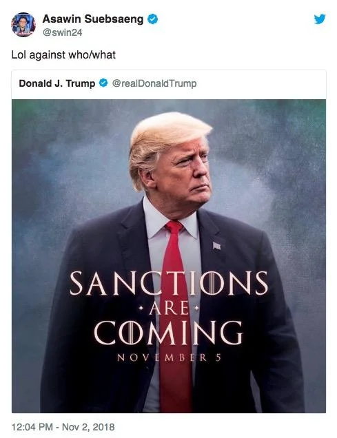 Winter Is Coming — Twitter screenshot showing Dave Itzkoff's critical reply to Trump 'Sanctions Are Coming' meme.