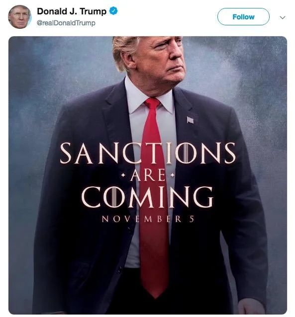 Winter Is Coming — Twitter screenshot retweeting Trump sanctions meme with Asawin Suebsaeng's critical reply.