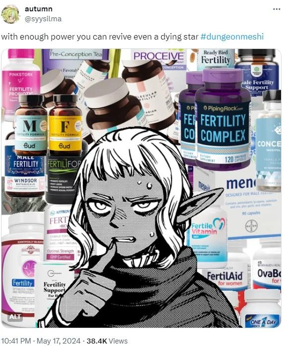 With Enough Power, You Can Refire Even a Dying Star — Marcille from Dungeon Meshi surrounded by fertility supplement bottles