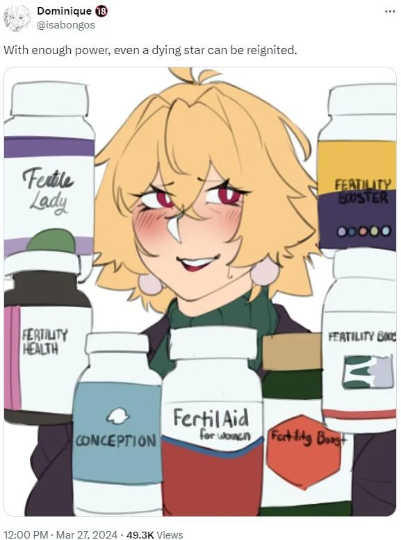 With Enough Power, You Can Refire Even a Dying Star — Illustrated blonde anime girl holding hand-drawn fertility bottles