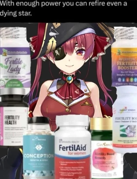 With Enough Power, You Can Refire Even a Dying Star — Pirate-styled anime VTuber with eyepatch surrounded by fertility supplements