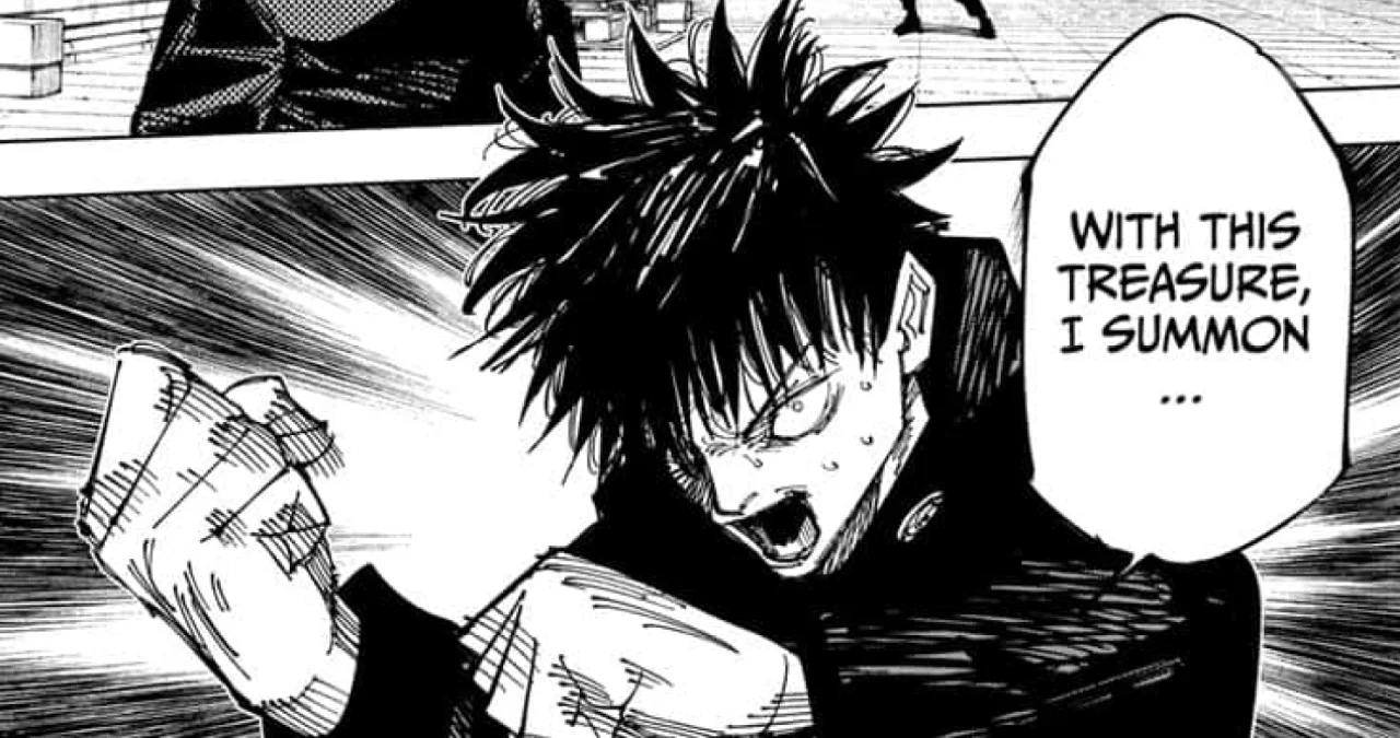 With This Treasure I Summon... — Megumi Fushiguro from Jujutsu Kaisen holding up his bloodied hand with a speech bubble reading 'With this treasure, I