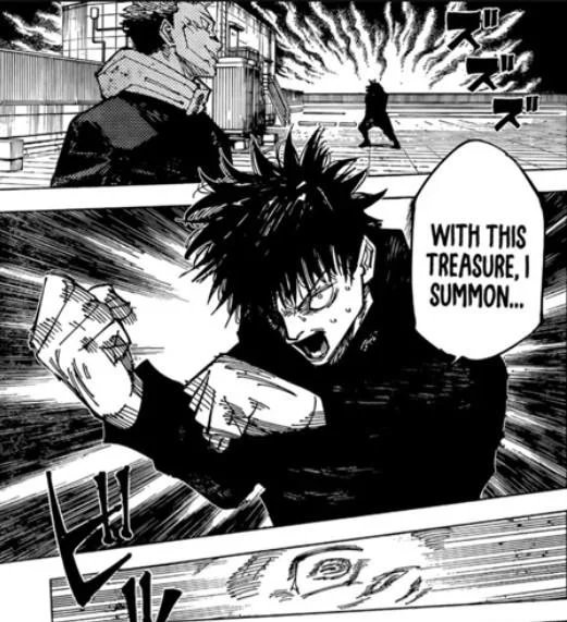 With This Treasure I Summon... — Jujutsu Kaisen manga spread showing Megumi mid-summon with the famous speech bubble and surrounding battlefield details