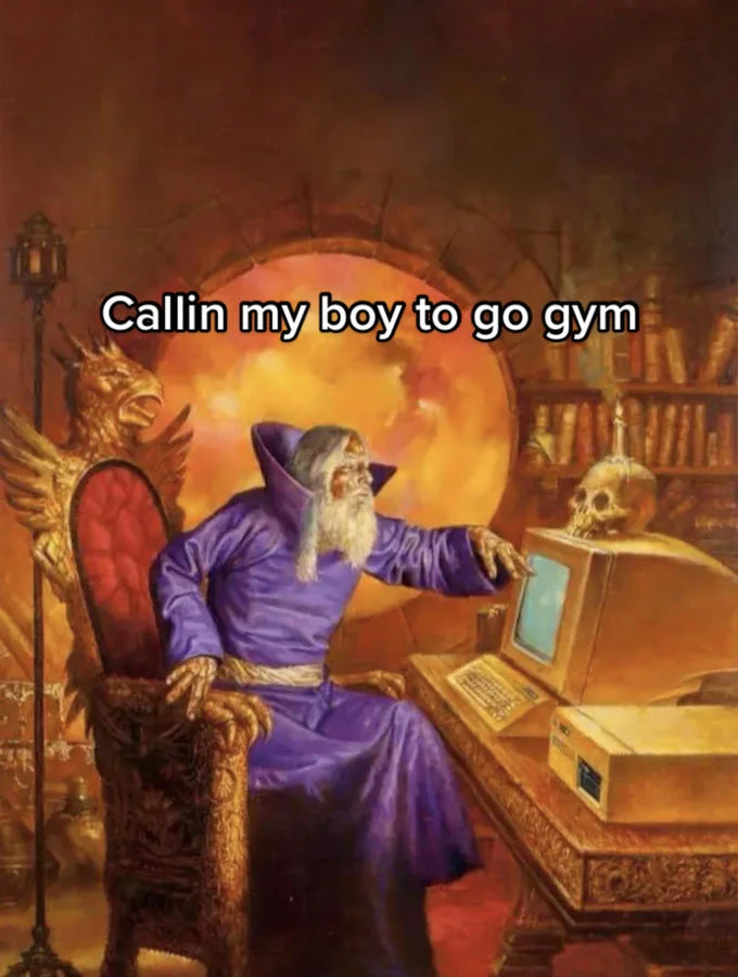 Wizardposting — Purple-robed wizard at old computer captioned 'Callin my boy to go gym'