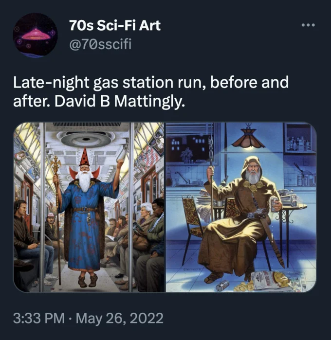 Wizardposting — 70s Sci-Fi Art tweet showing David Mattingly wizard subway and diner paintings